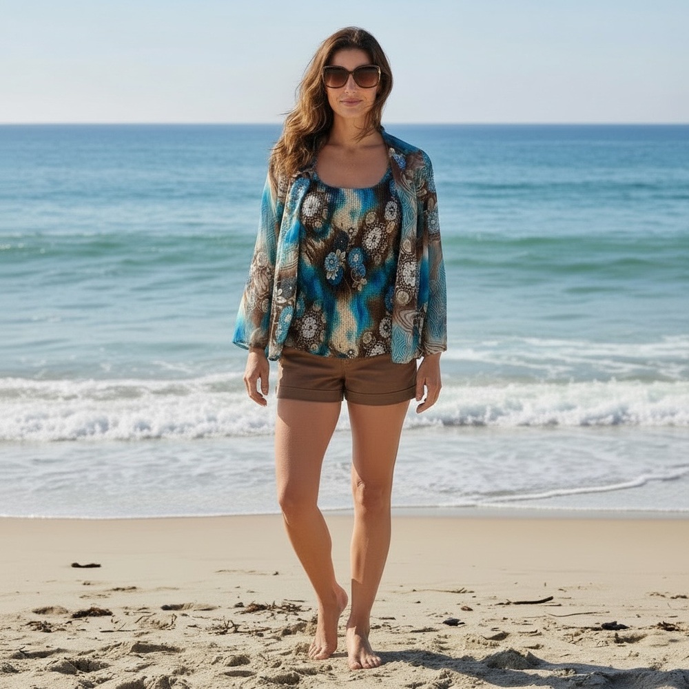 2-Piece Set Blue & Brown Floral Tank Top and Long Sleeve Button-Up Sheer Cover